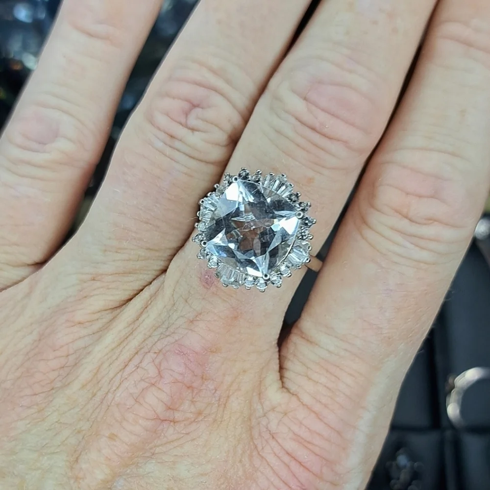 Natural Topaz Halo Ring In 925 Sterling Silver.